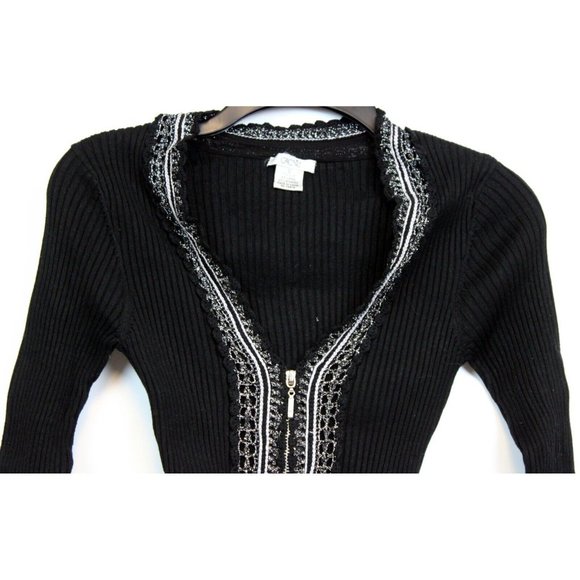 Cache Sweater Silk blend V-Neck sz S Black Ribbed Zipper Shiny Lace Stretch - Picture 2 of 7